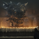 A dragon skull looms behind a row of candles, with two Targaryens in front of it.